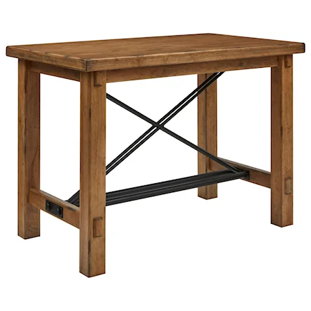 Rustic Industrial Leg Bar Table with Trestle Base & Metal Stretcher